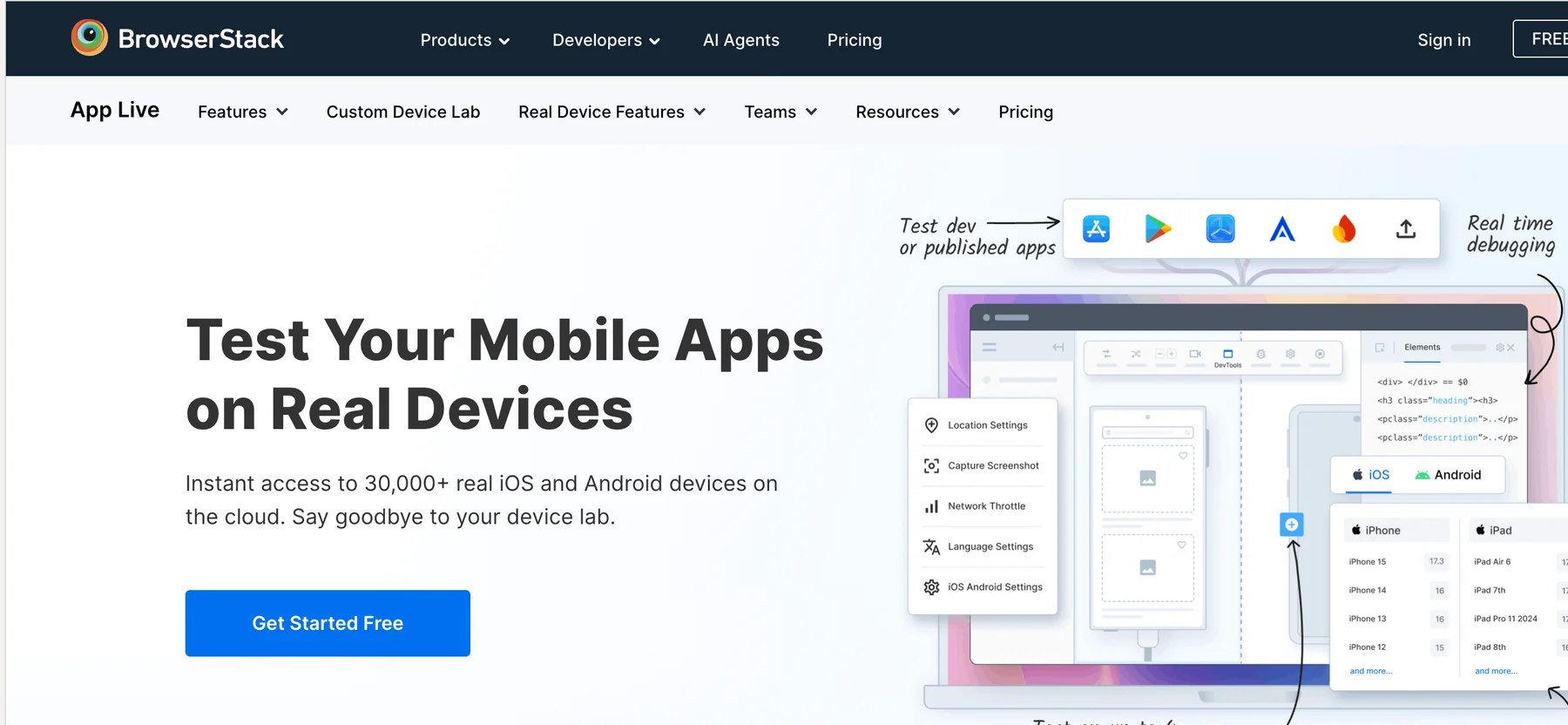 BrowserStack App Live interface screenshot